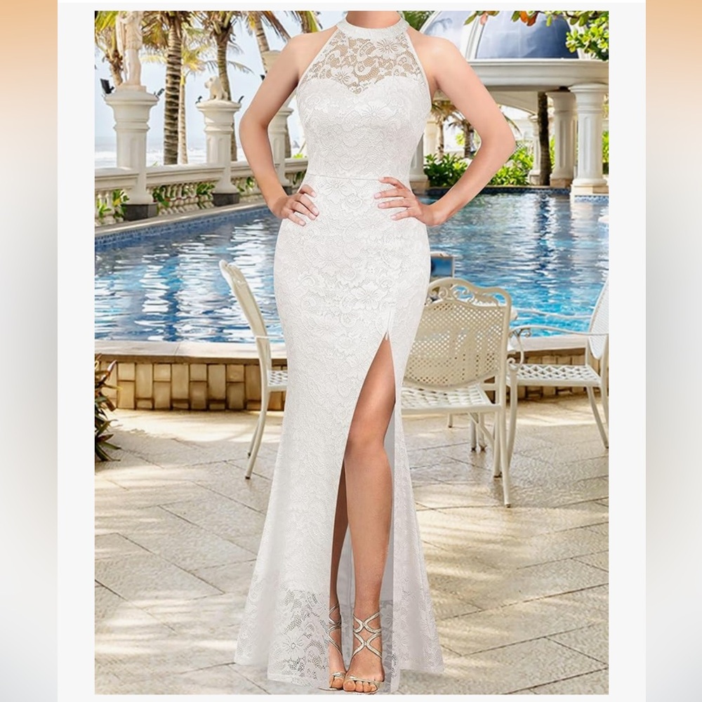 Elegant White Lace Halter wedding Dress